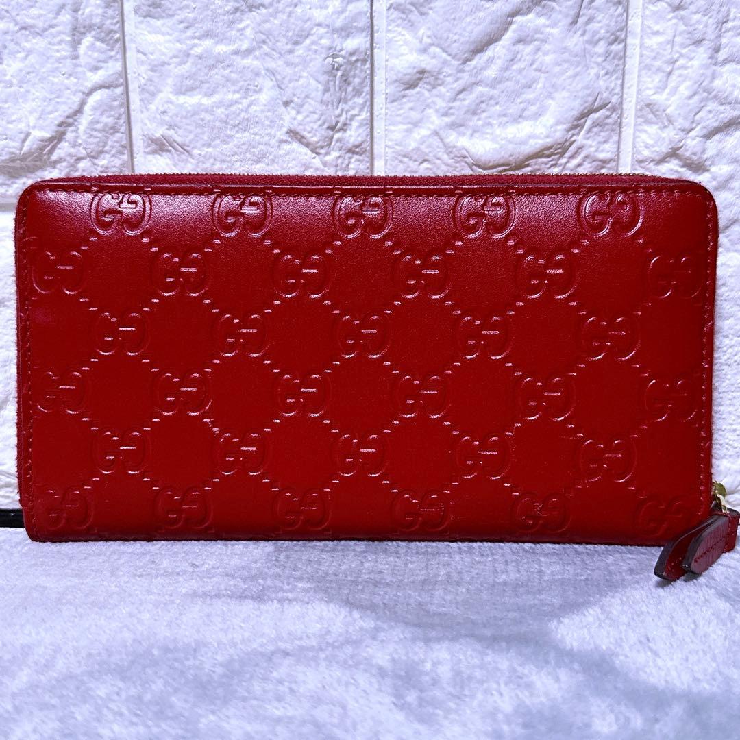 【未使用級】GUCCI 長財布 GG シマレザー ラウンド レディース 赤
