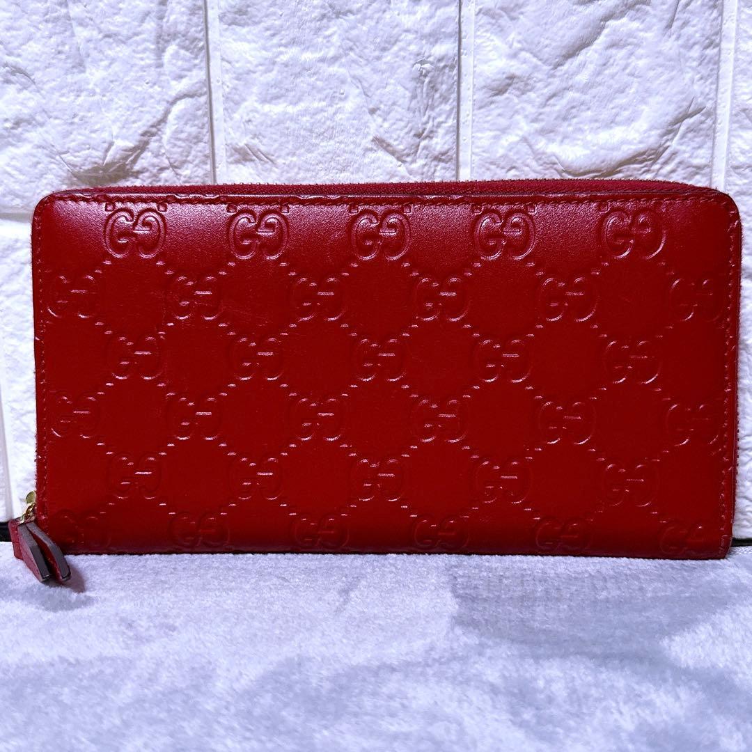 【未使用級】GUCCI 長財布 GG シマレザー ラウンド レディース 赤