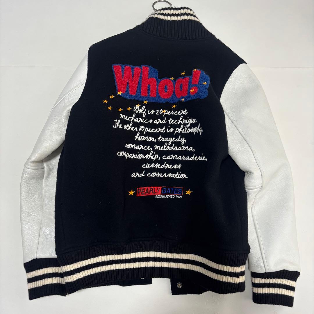 PEARLY GATES スタジャン 刺繍ロゴ 黒×白ウール×レザー