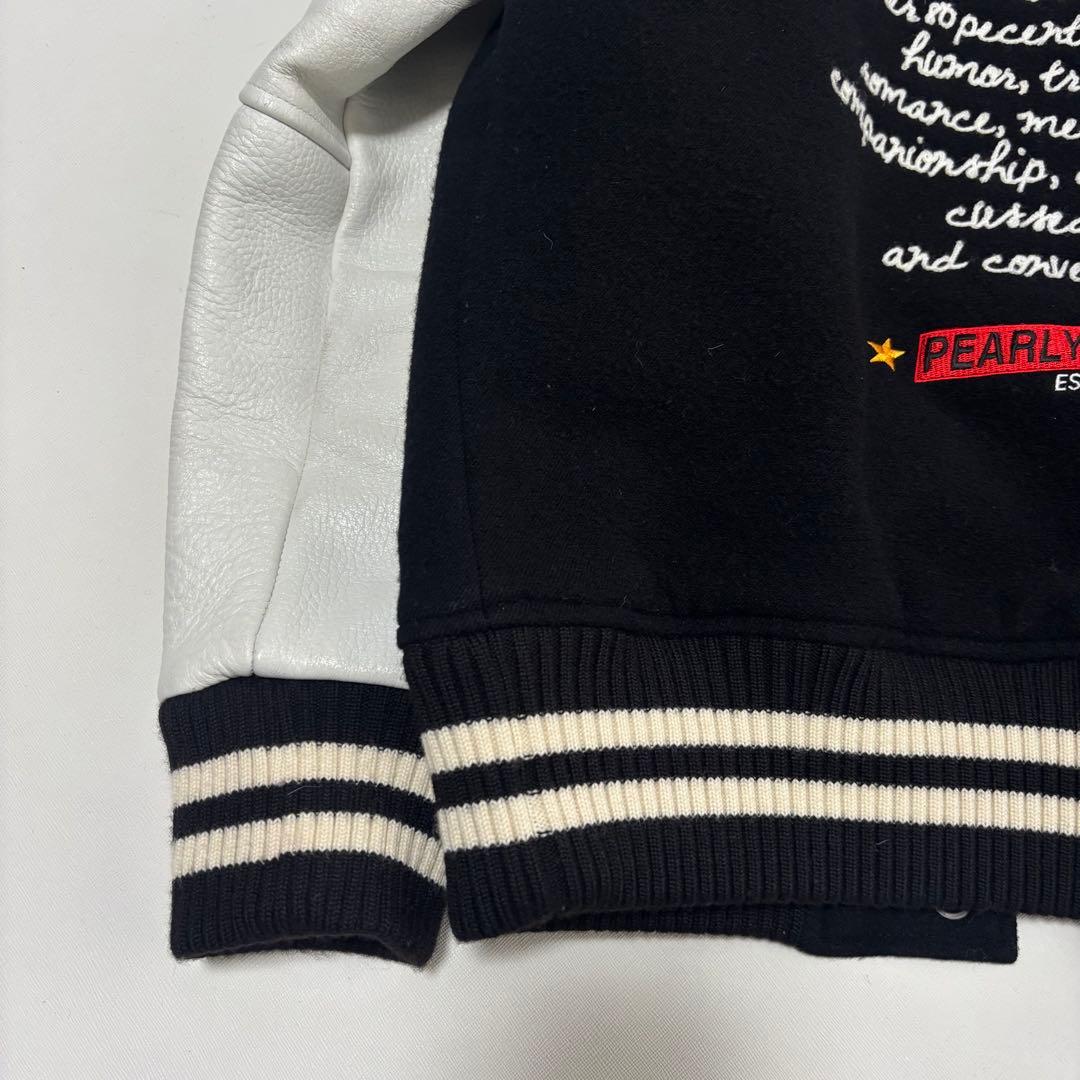 PEARLY GATES スタジャン 刺繍ロゴ 黒×白ウール×レザー