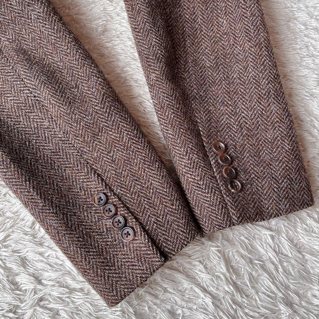 【美品】ハリスツイード テーラードジャケット 茶系ヘリンボーン ウール100％
