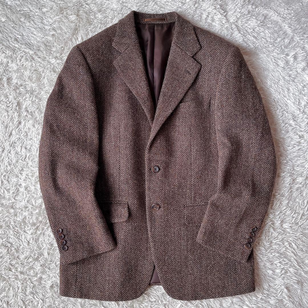 【美品】ハリスツイード テーラードジャケット 茶系ヘリンボーン ウール100％