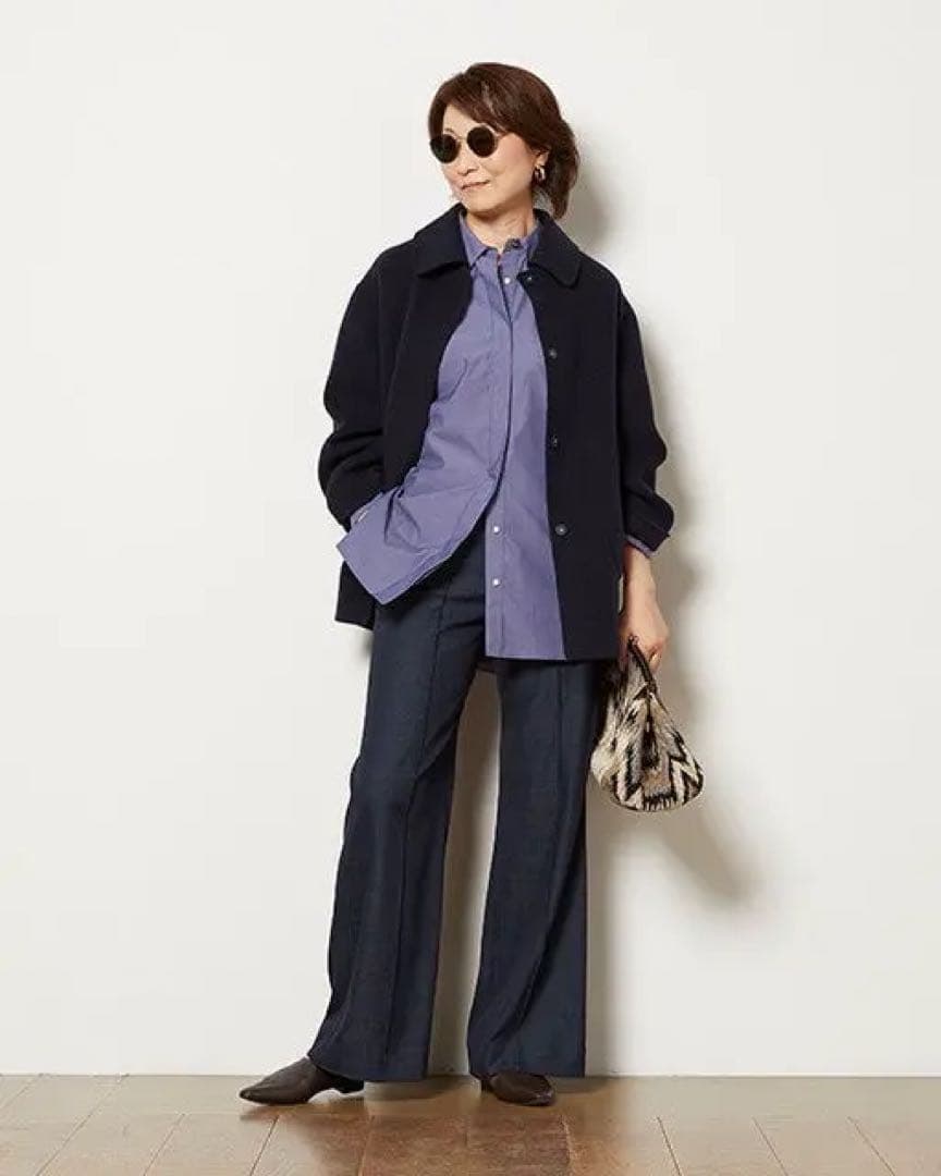 ドゥクラッセ　カシミヤ混ウールリバーステンカラーコート　ネイビー　サイズ9