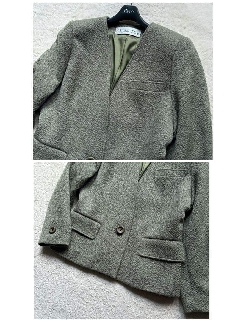 【美品】クリスチャンディオール ノーカラージャケット ウール 1B グリーン系