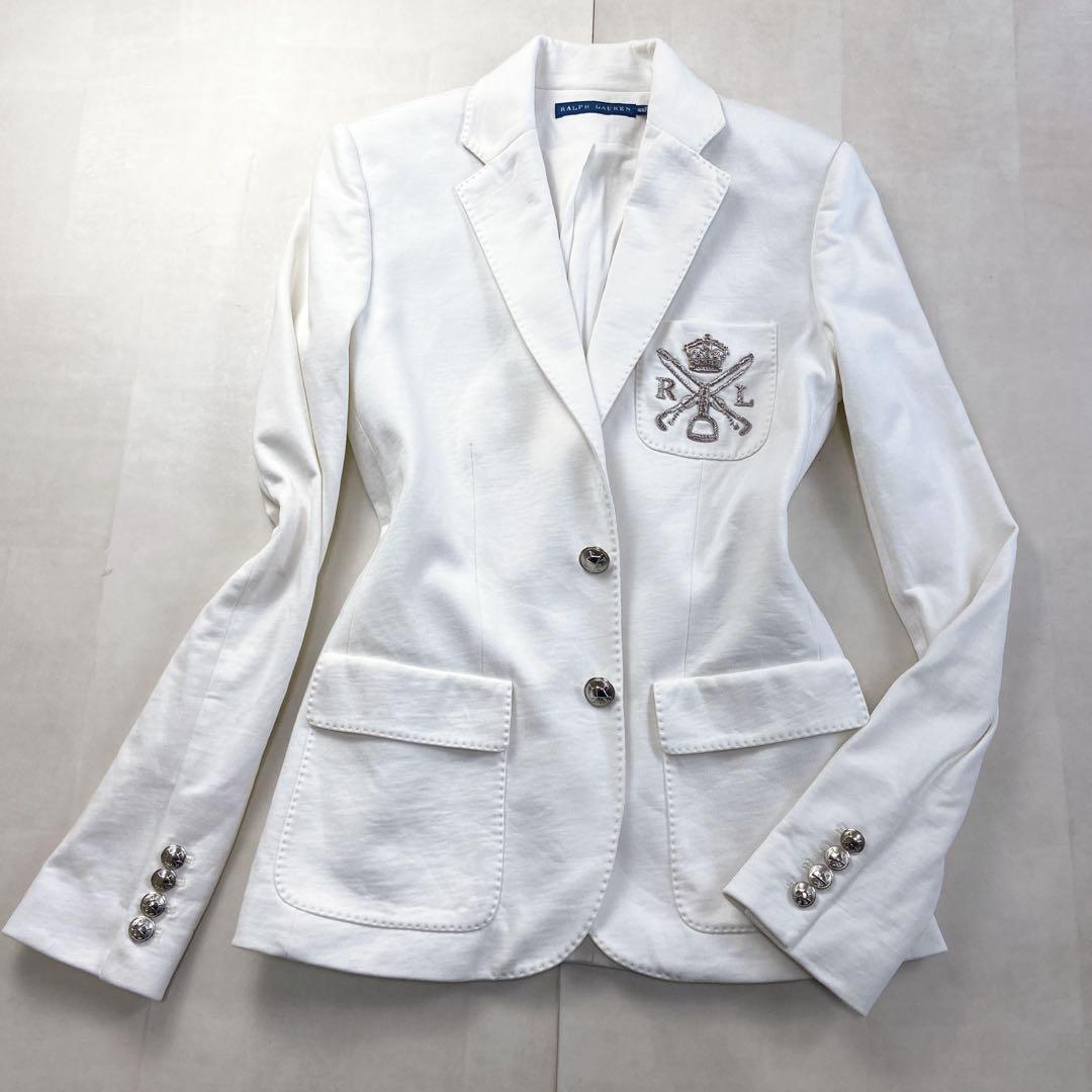 美品 ラルフローレン 白ブレザー 銀ボタン 針金糸 刺繍 エンブレム ジャケット
