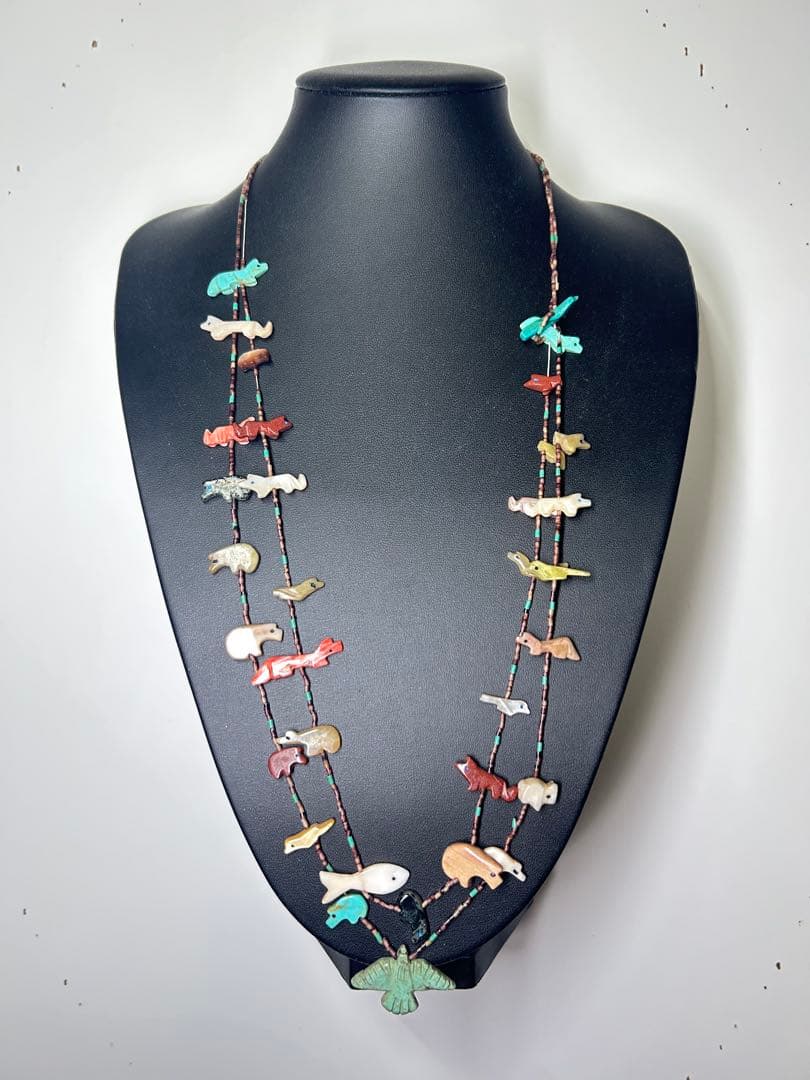 ズニ族 フェティッシュネックレス 2連 天然石 アニマル