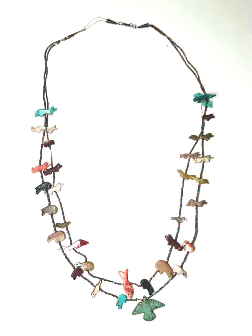 ズニ族 フェティッシュネックレス 2連 天然石 アニマル