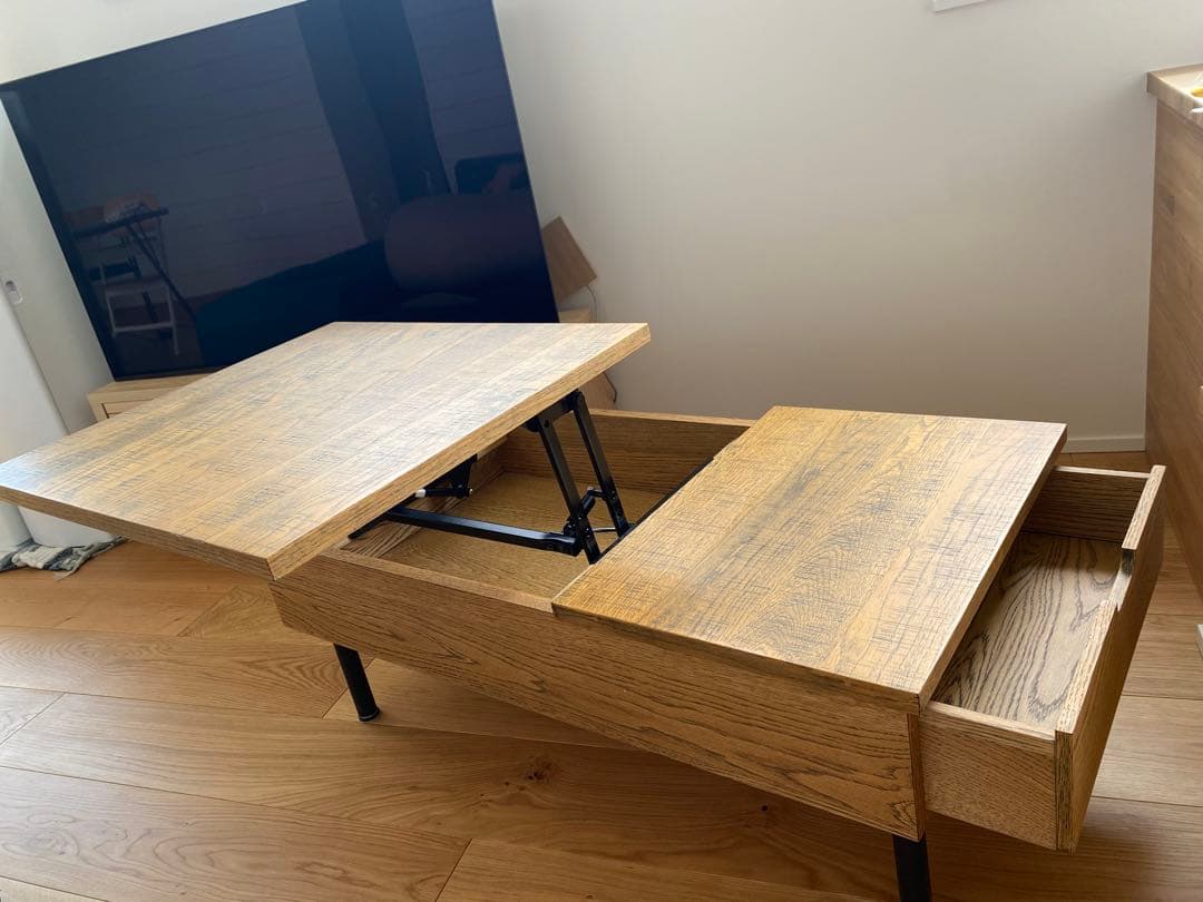 木目調 昇降式テーブル 引き出し付き
