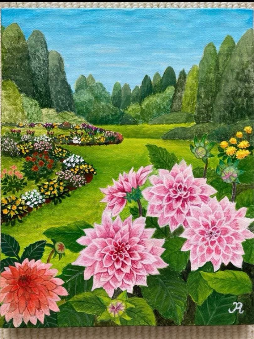 ご依頼品2点　花の絵、風景画「ダリアの咲く朝の庭」「雨上がりのバラ」