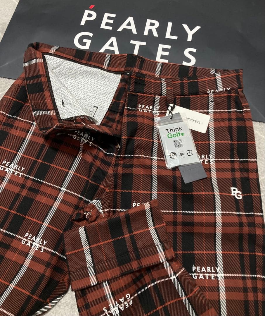 新品 パーリーゲイツ コットンストレッチカルゼチェックパンツ(5)サイズL/茶