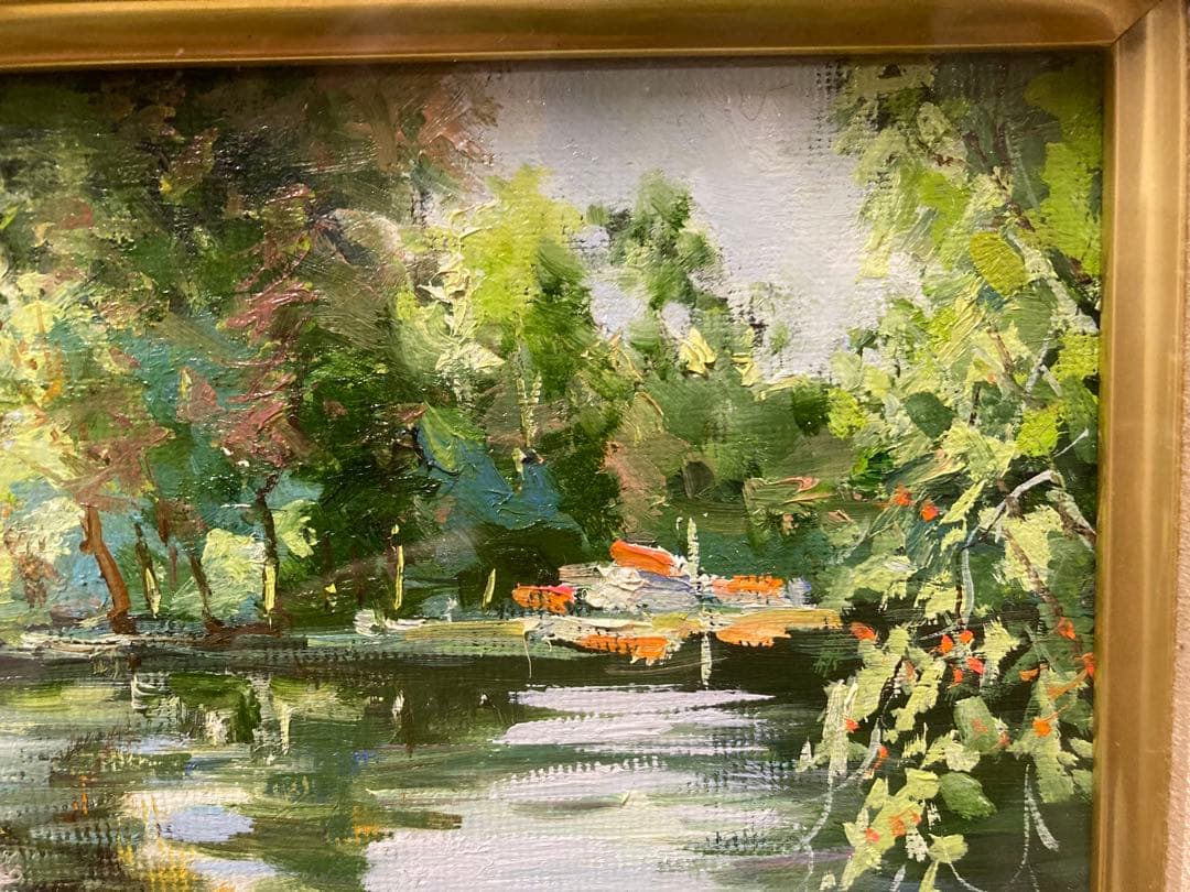 油彩　油絵　肉筆　木陰　<日下部寛> 額装　サイン有り　美術年鑑掲載作家