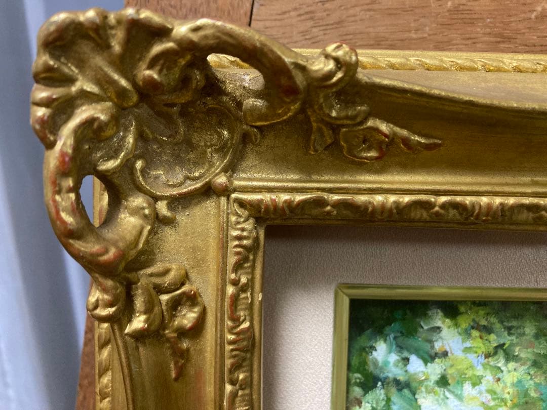 油彩　油絵　肉筆　木陰　<日下部寛> 額装　サイン有り　美術年鑑掲載作家