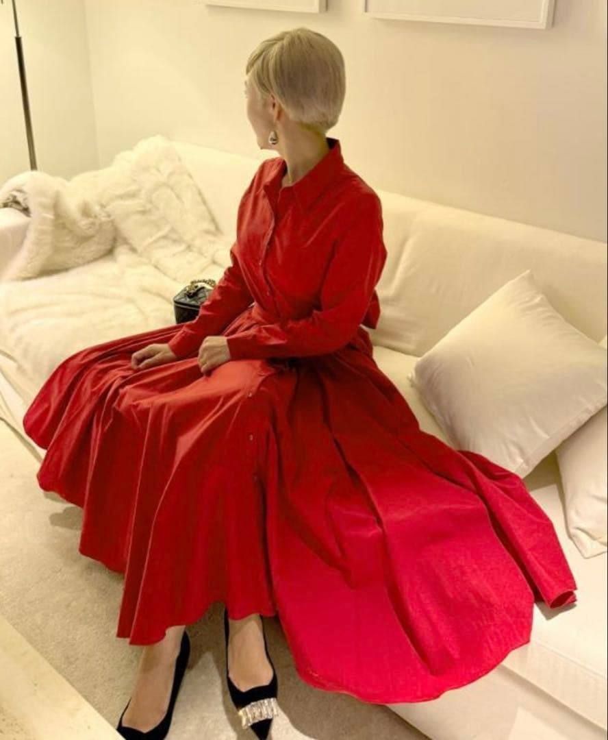 JENNEオードリールックエアリーワンピース長袖Sレッド定価27500