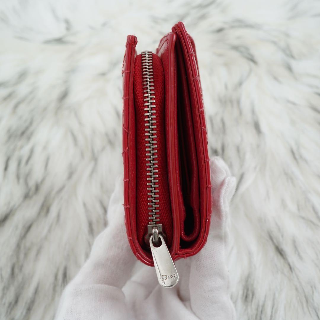 極美品　Christian Dior 二つ折り財布　レザー　チャーム付き　レッド