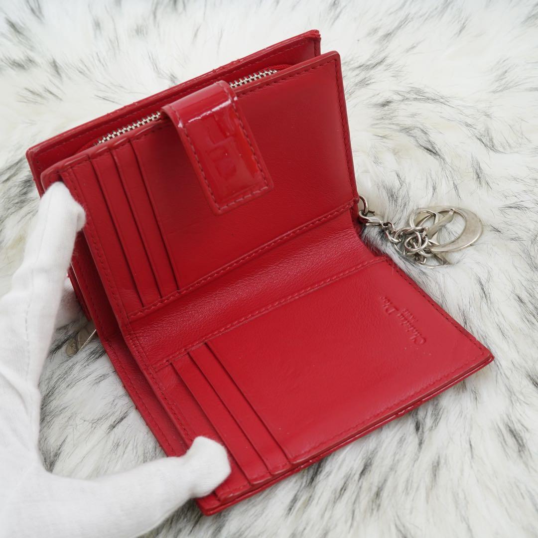 極美品　Christian Dior 二つ折り財布　レザー　チャーム付き　レッド