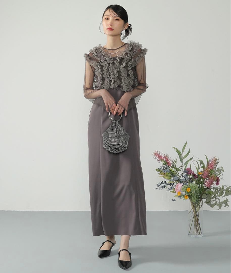 【Kana】フリル付きシースルーパーティードレス