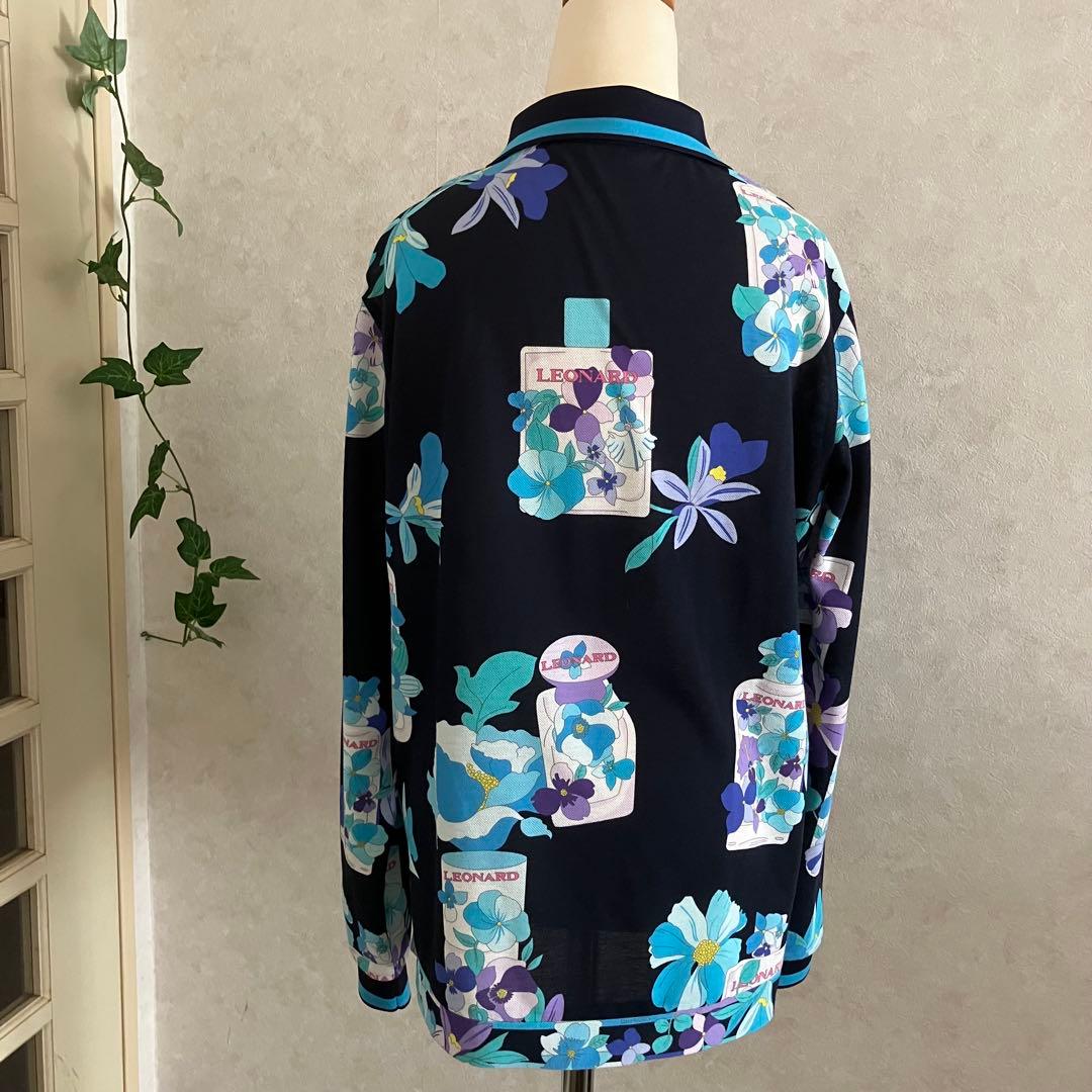 LEONARDネイビー系花柄長袖ポロシャツ