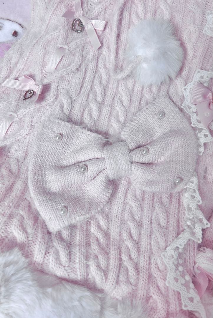 LIZLISA リズリサ ポンポンリボンニットファーポンチョ ピンク