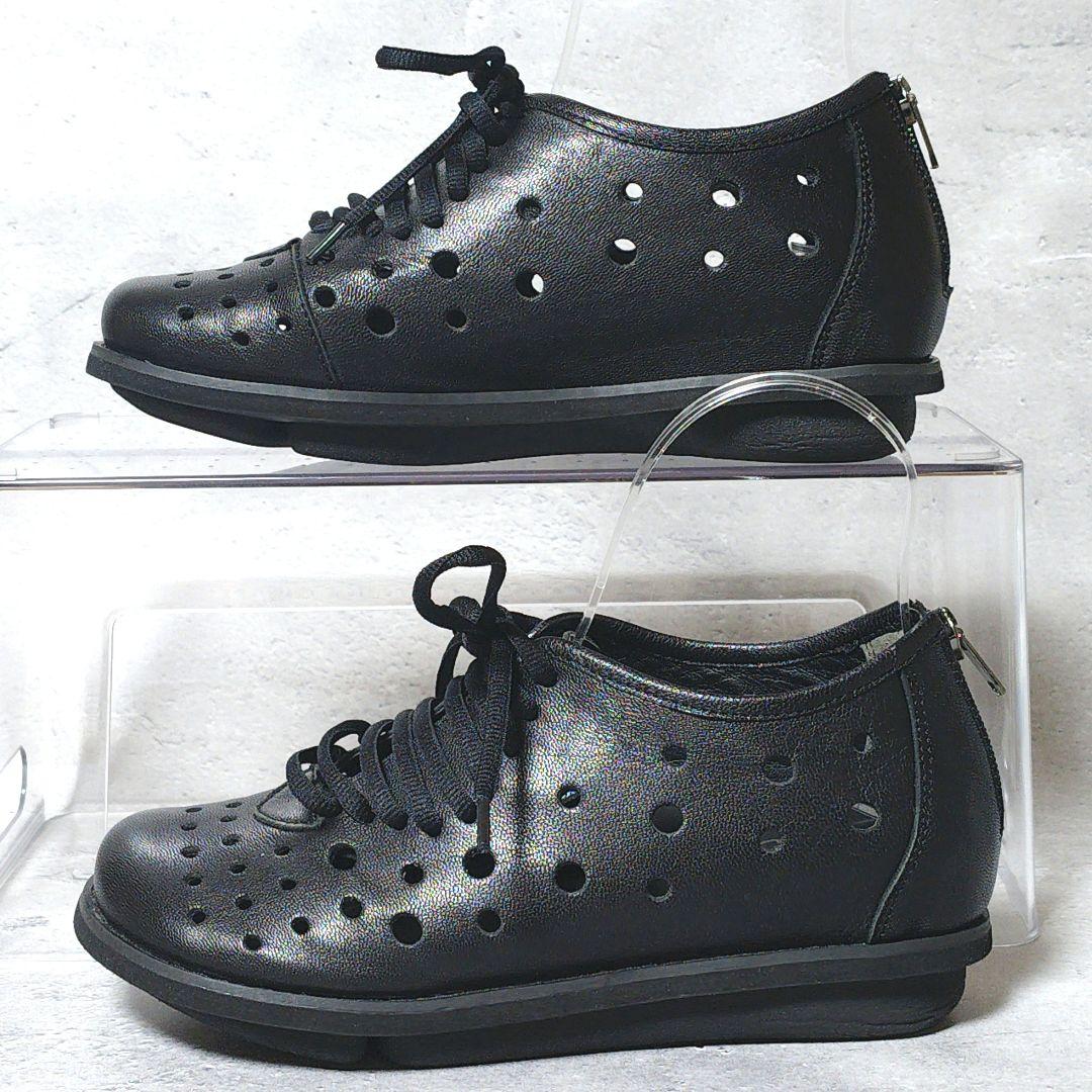 人気デザイン 未使用級 慈雨【23.5】本革 メッシュ バックジップ スニーカー