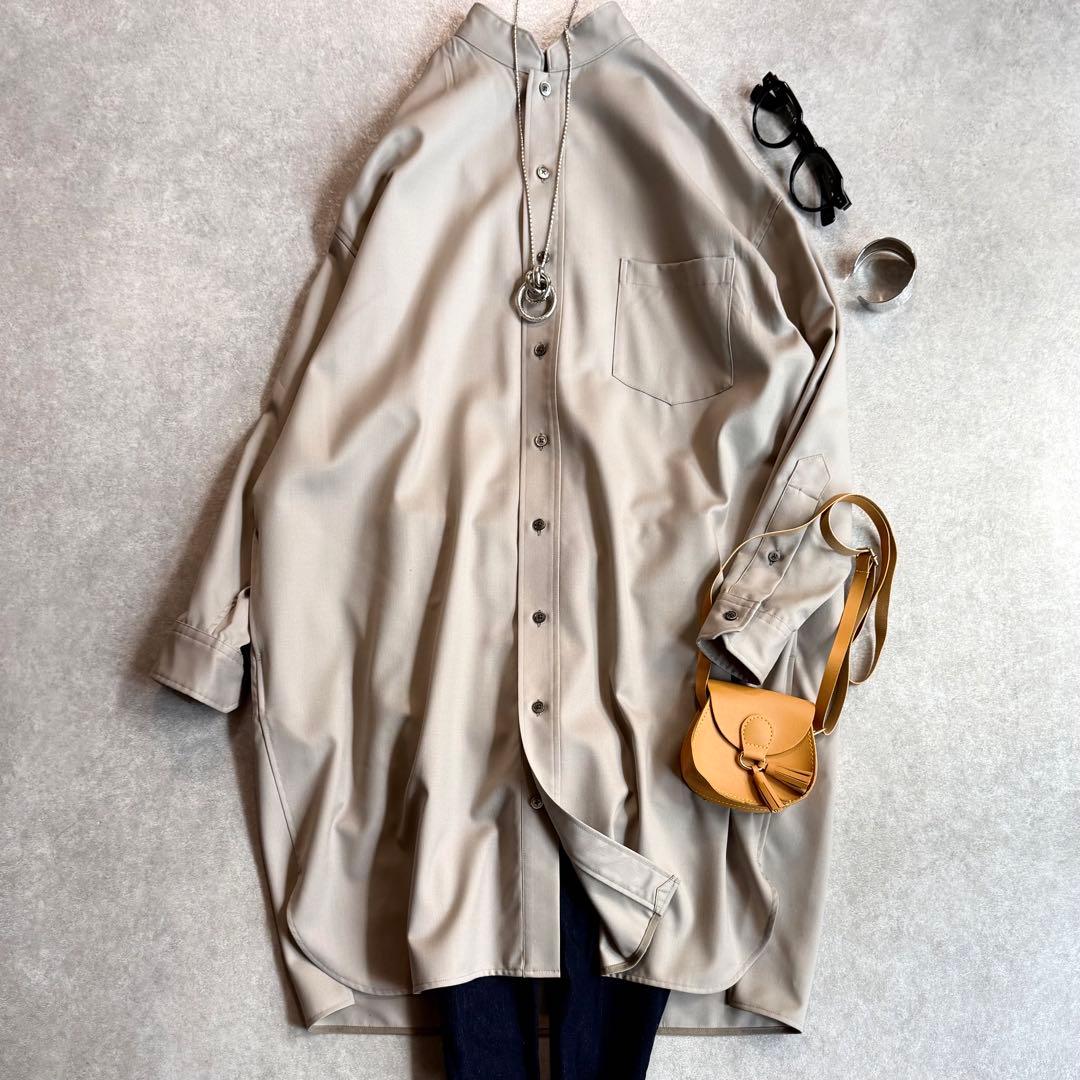 美品 ティッカ ウォッシャブルウールシャツワンピース 近年モデル スタンドカラー