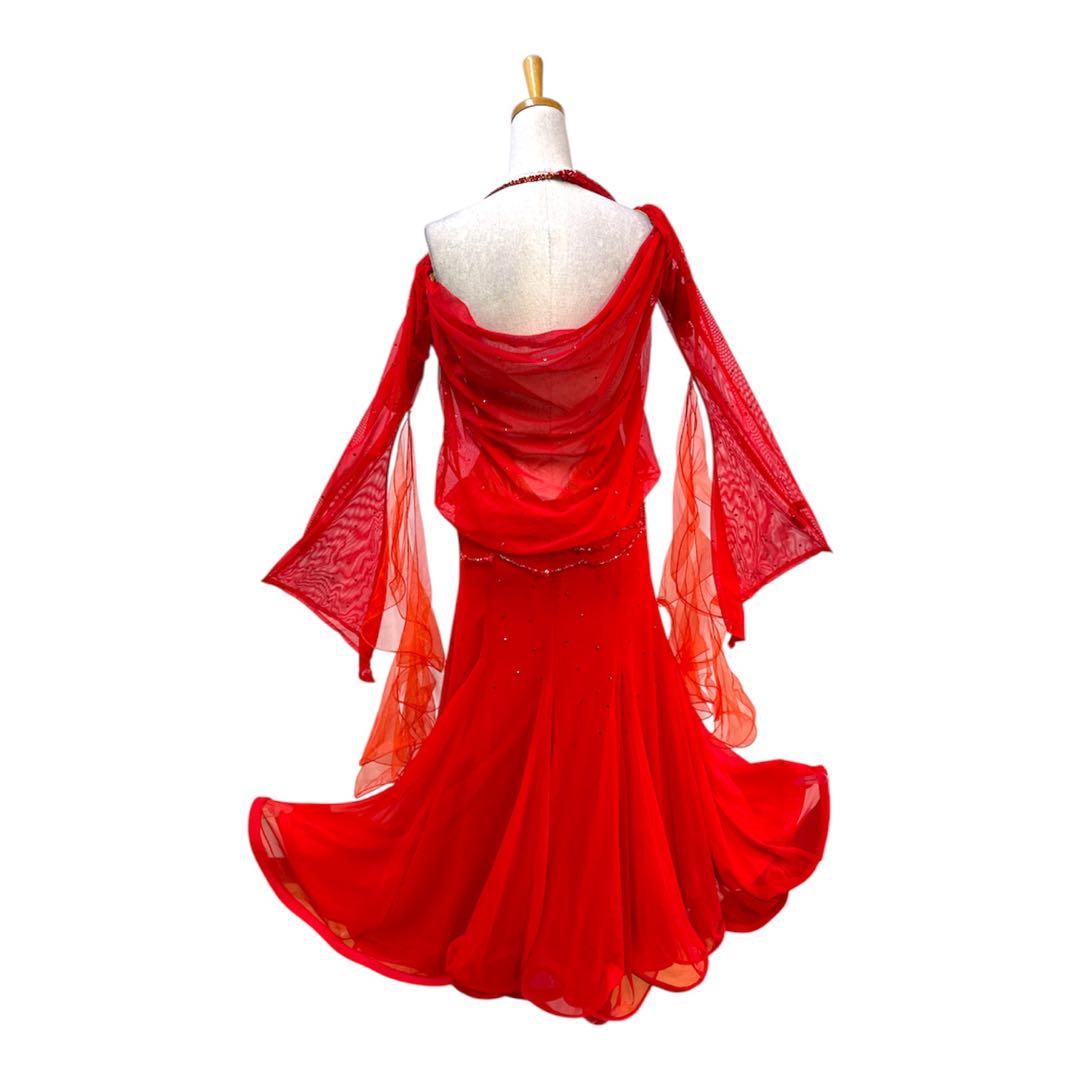 6312★M 赤 ドレープ スワロミックス スタンダードドレス 社交ダンス