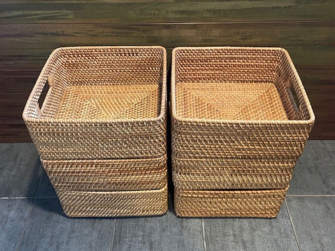 超美品■MUJI/無印良品 重なるラタン角型バスケット/中　6個セット籐かご/籠