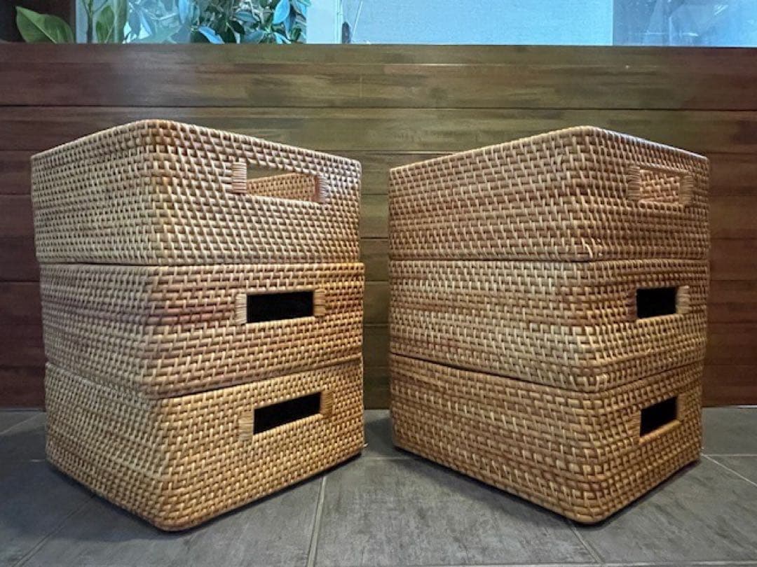 超美品■MUJI/無印良品 重なるラタン角型バスケット/中　6個セット籐かご/籠