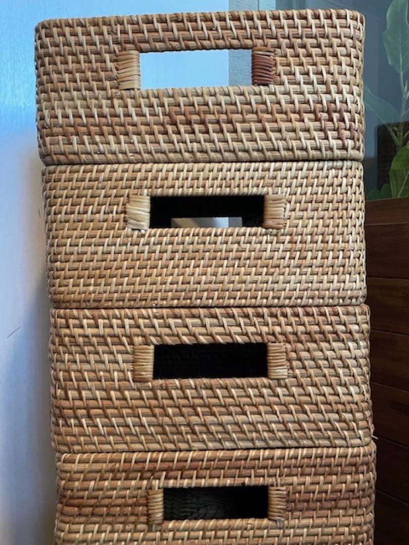 超美品■MUJI/無印良品 重なるラタン角型バスケット/中　6個セット籐かご/籠