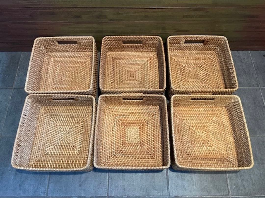 超美品■MUJI/無印良品 重なるラタン角型バスケット/中　6個セット籐かご/籠