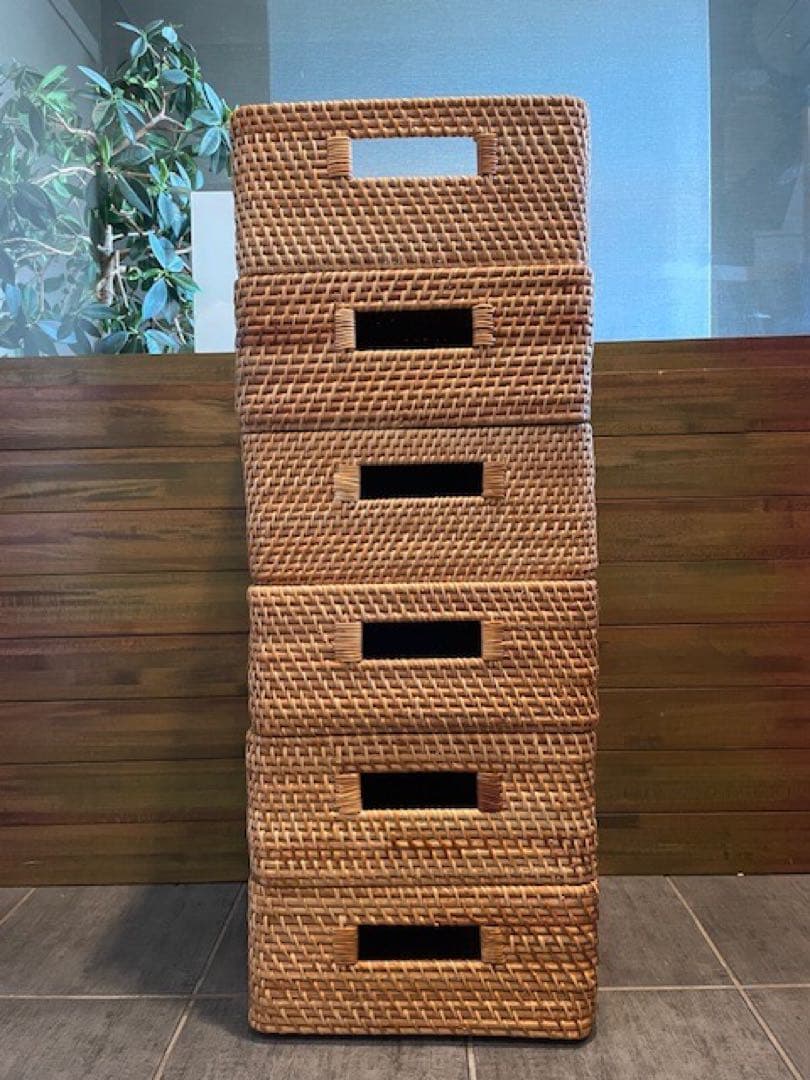 超美品■MUJI/無印良品 重なるラタン角型バスケット/中　6個セット籐かご/籠
