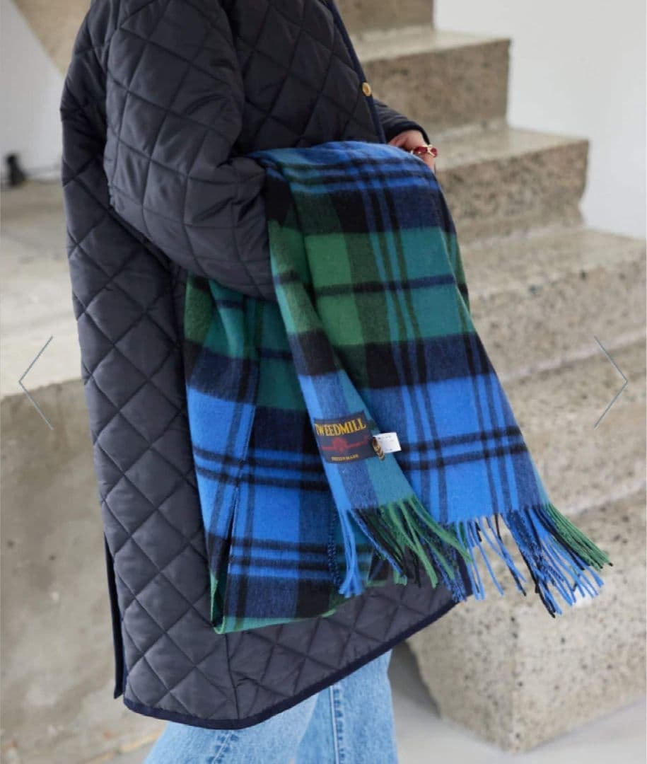 ツイードミル　ウール　 ストール　BLU/GRN