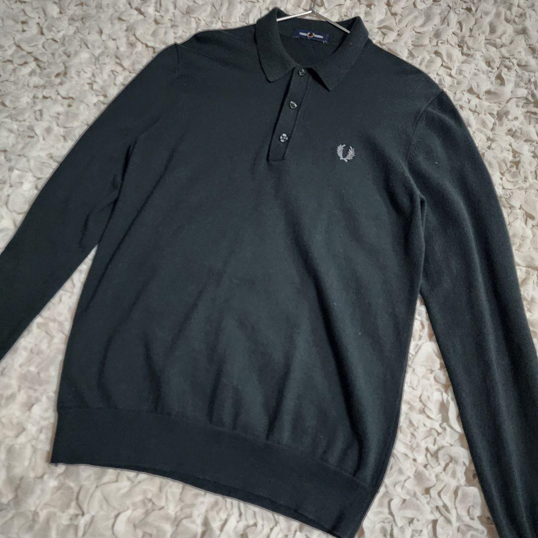 極美品 フレッドペリー ワンポイントロゴ刺繍 リブニットポロシャツ