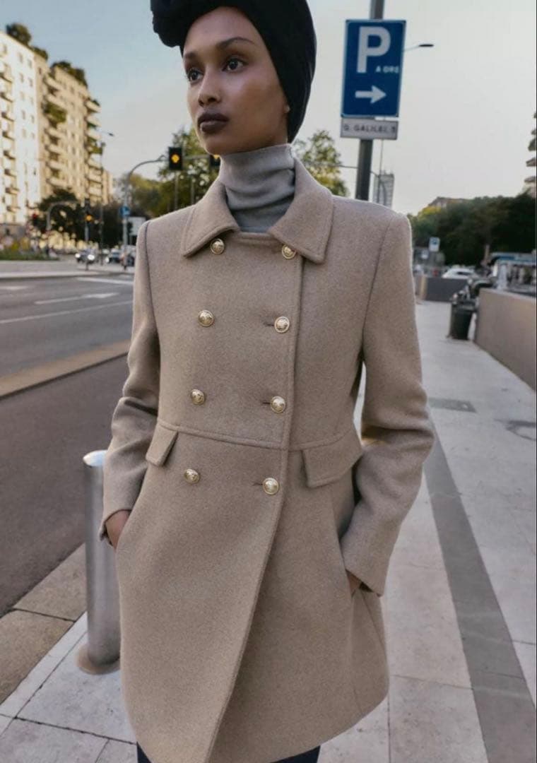 ZARA ウール混紡ショート丈ダブルブレストコート ライトミンク XS