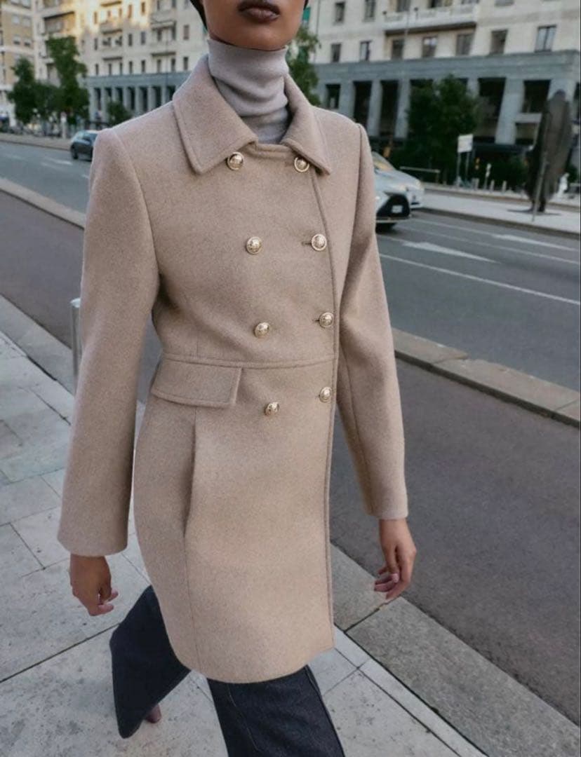 ZARA ウール混紡ショート丈ダブルブレストコート ライトミンク XS