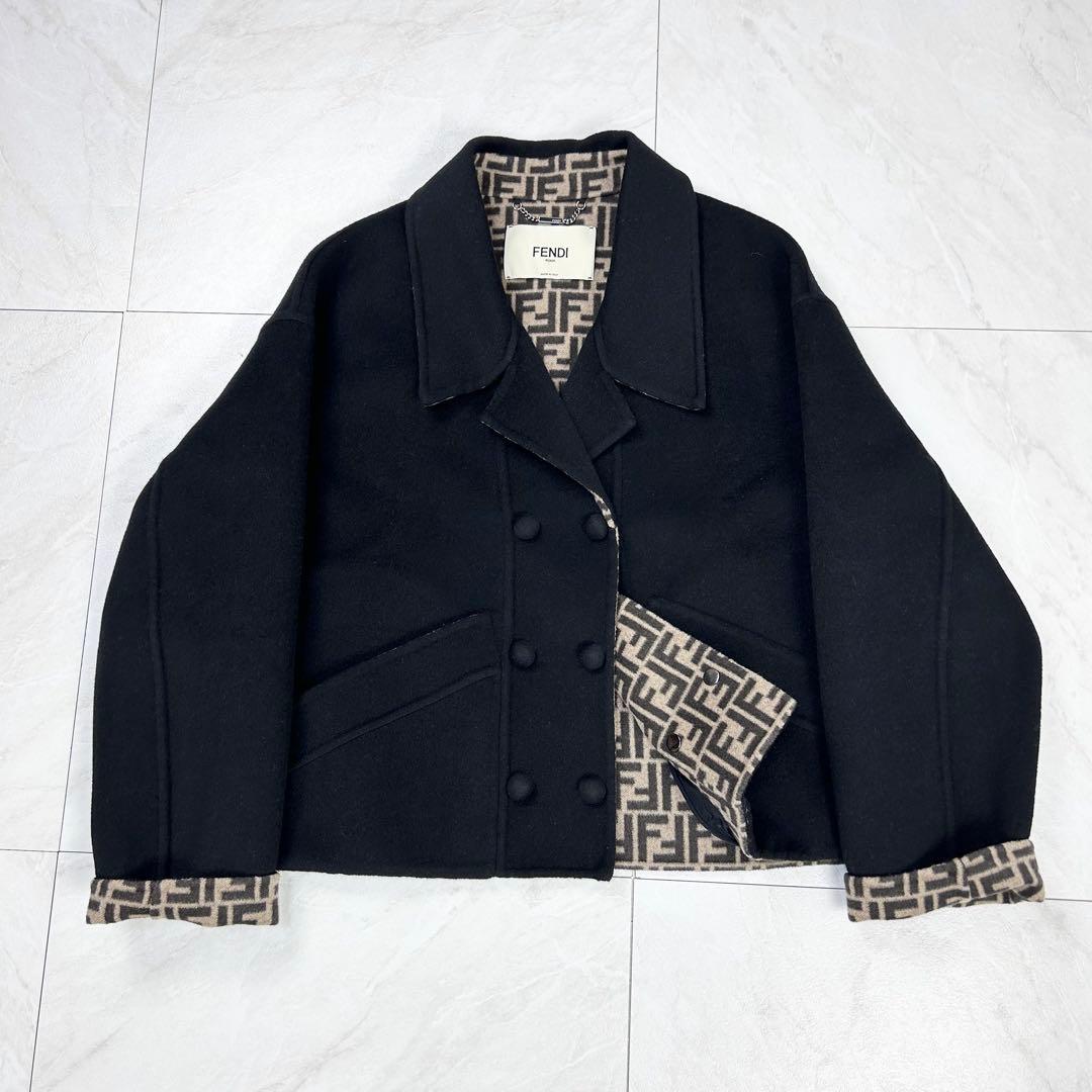 極美品 フェンディ ダブルフェイス ショートコート ウール ズッカ 黒 40