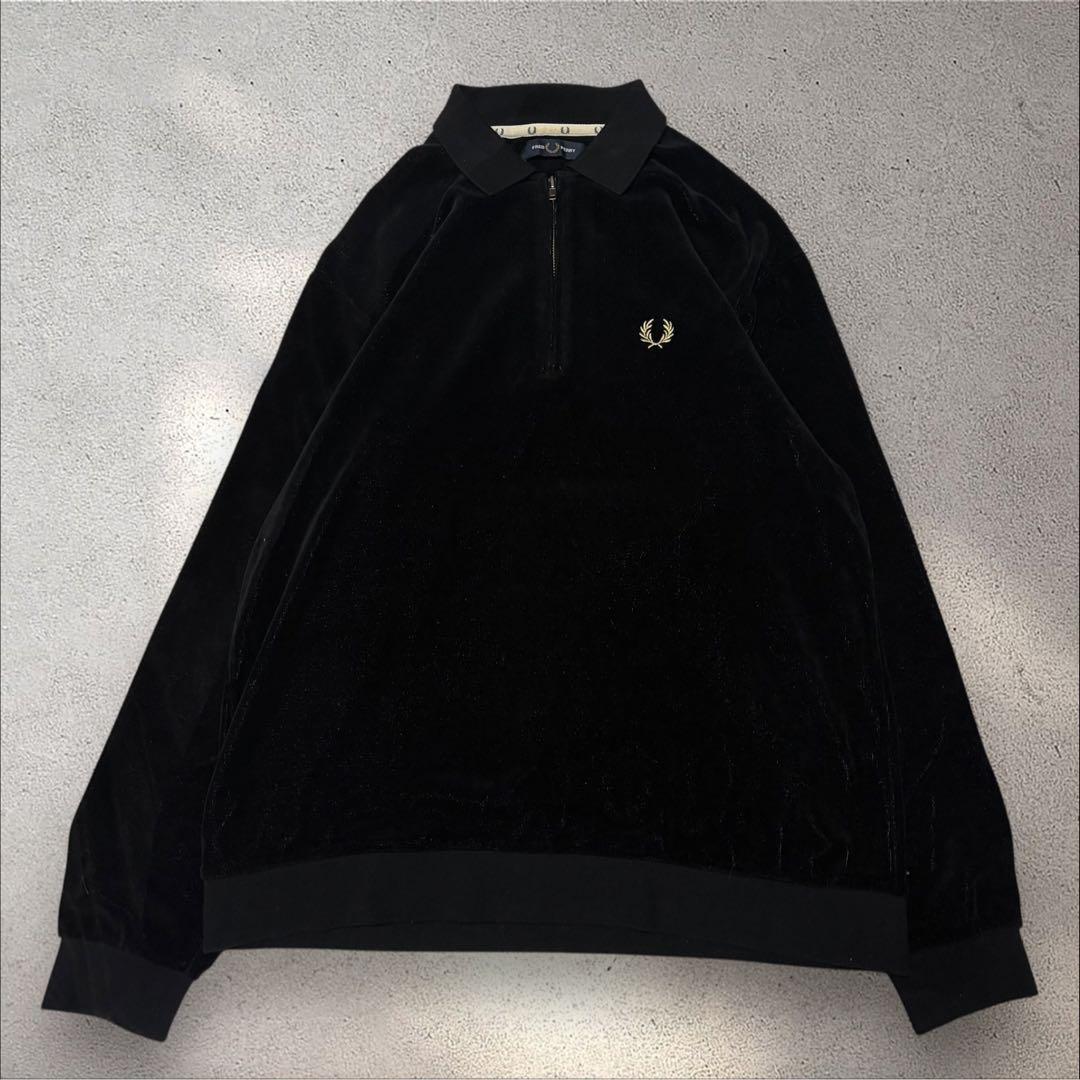 Fred Perry ベロア ハーフジップ ニットポロ 海外企画 ブラック