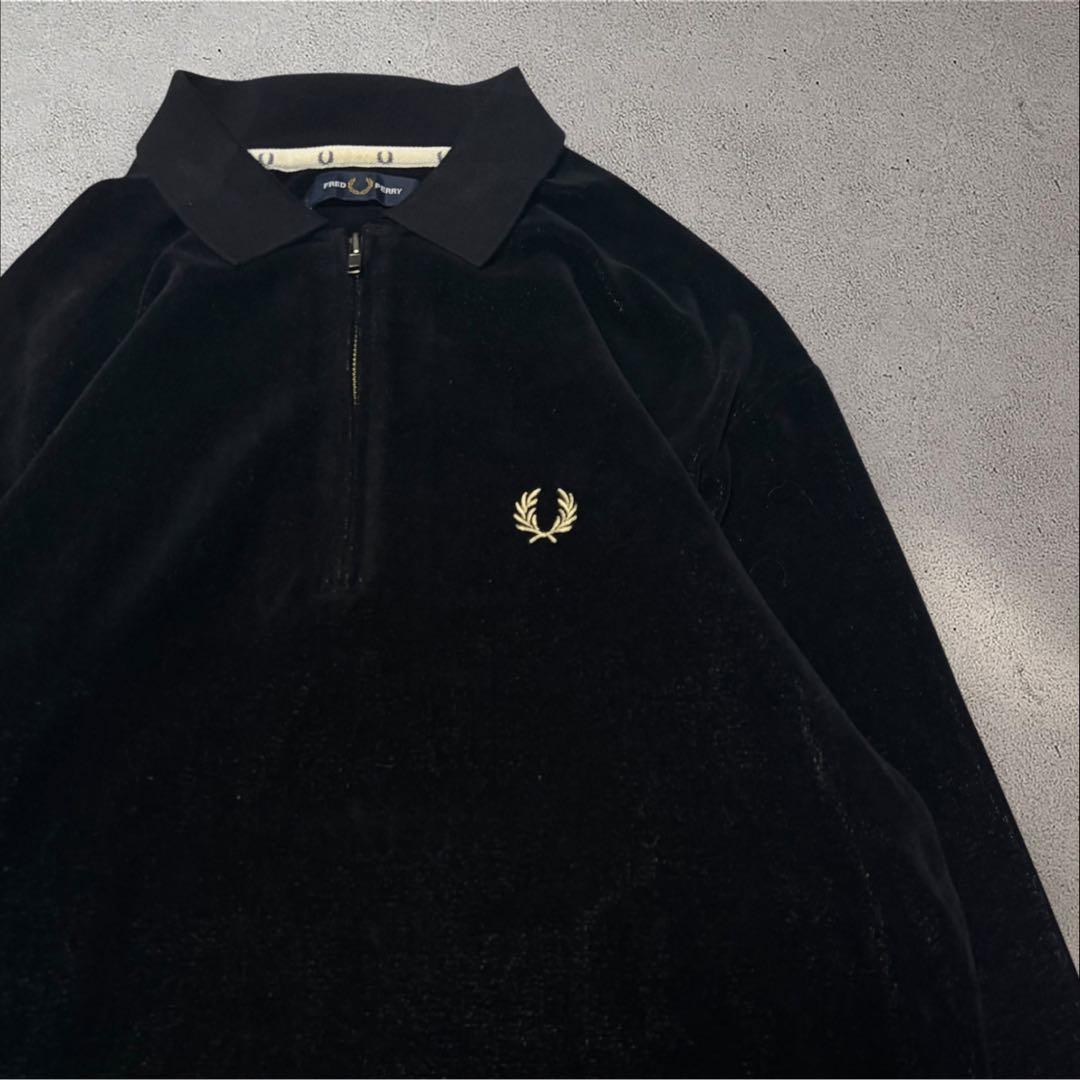 Fred Perry ベロア ハーフジップ ニットポロ 海外企画 ブラック