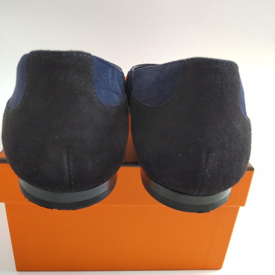 美品 エルメス スエード ラウンドトゥ フラット パンプス バイカラー 黒 37