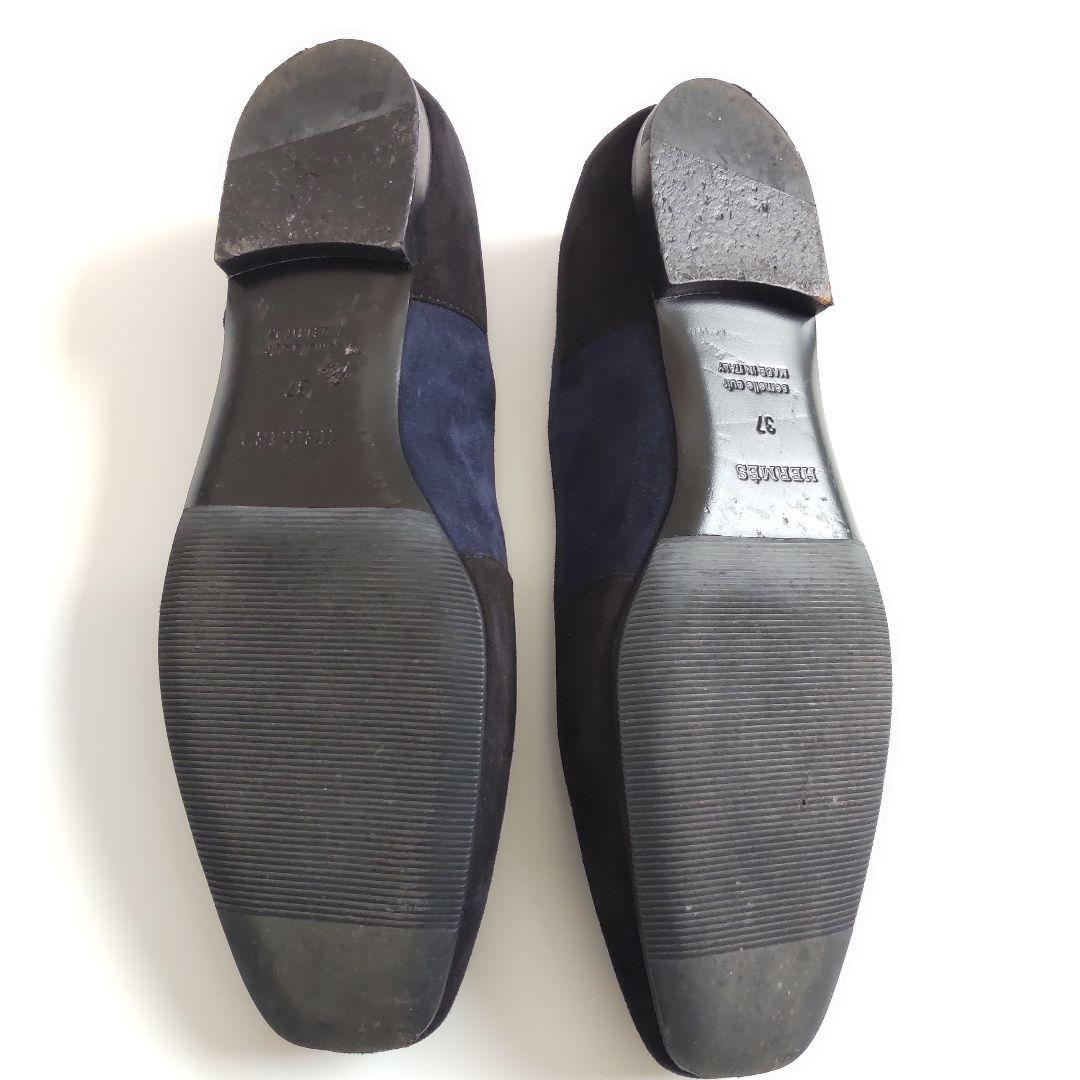 美品 エルメス スエード ラウンドトゥ フラット パンプス バイカラー 黒 37