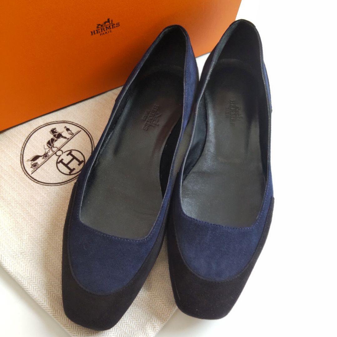 美品 エルメス スエード ラウンドトゥ フラット パンプス バイカラー 黒 37