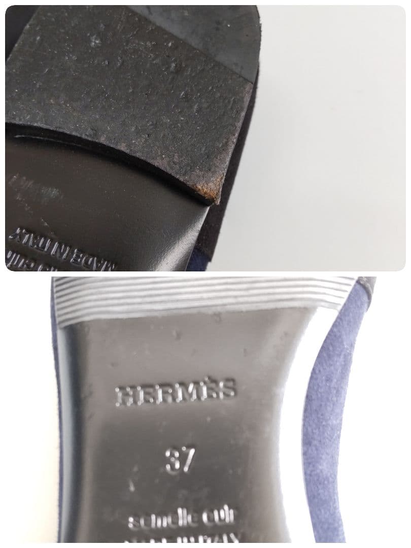 美品 エルメス スエード ラウンドトゥ フラット パンプス バイカラー 黒 37