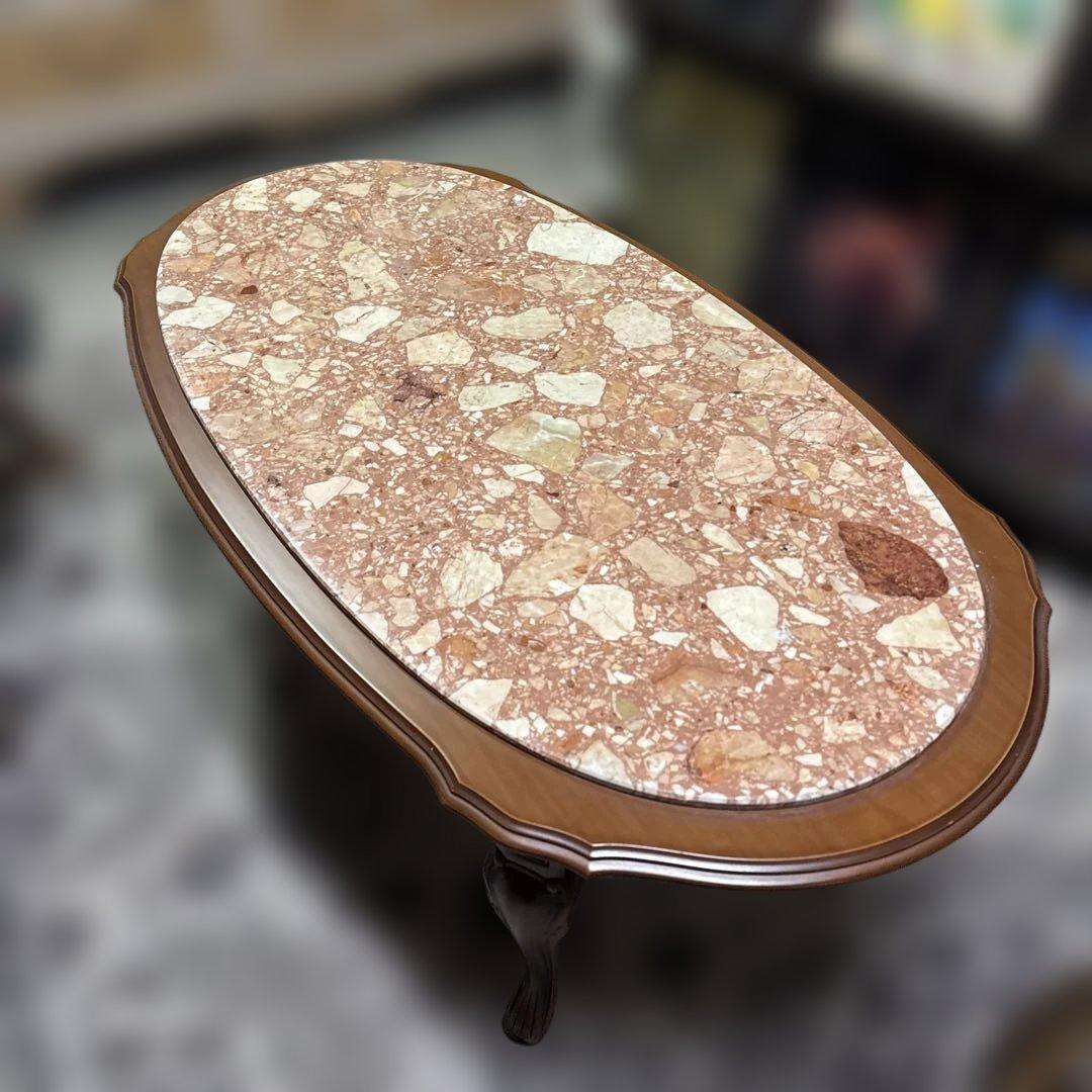イタリア　アンティーク　楕円形ピンク大理石センターテーブル