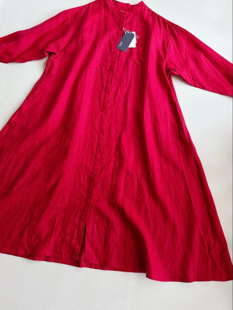 新品 OMEKASI ⿻ リネン バンドカラーワンピース ルーズ 赤 ゆったり