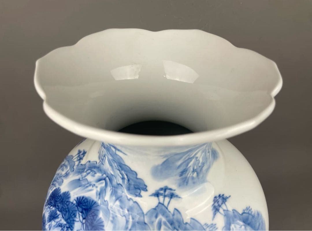 有田焼名工 緒方松右衛門 染付山水文 大花瓶 桔梗渕 飾壷 花器 花入 和風
