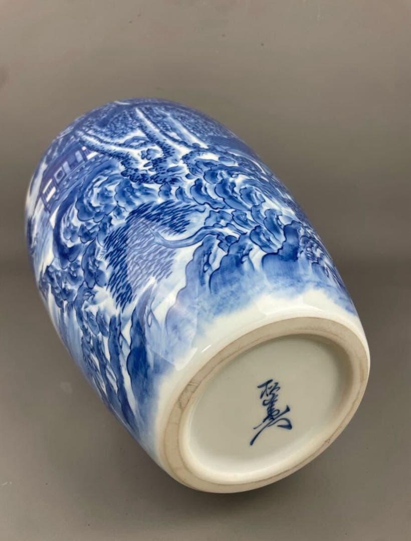 有田焼名工 緒方松右衛門 染付山水文 大花瓶 桔梗渕 飾壷 花器 花入 和風