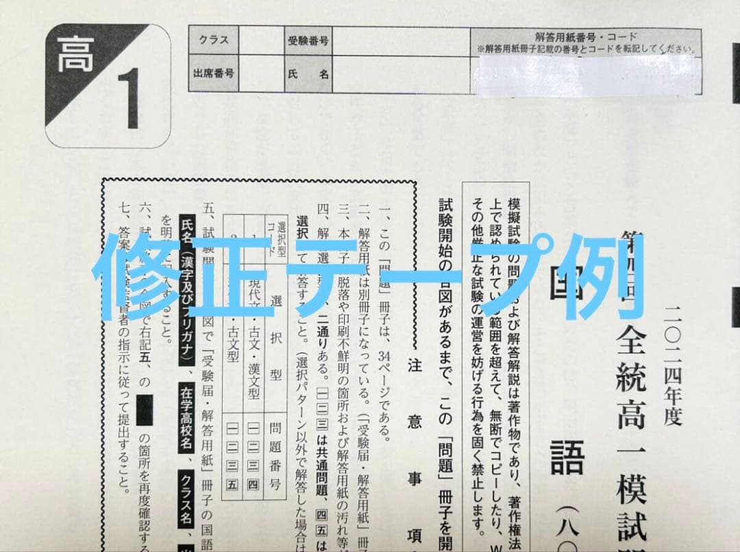 河合塾 ２０２５年１月実施 ２０２４年度第４回全統高１模試(解答解説付)