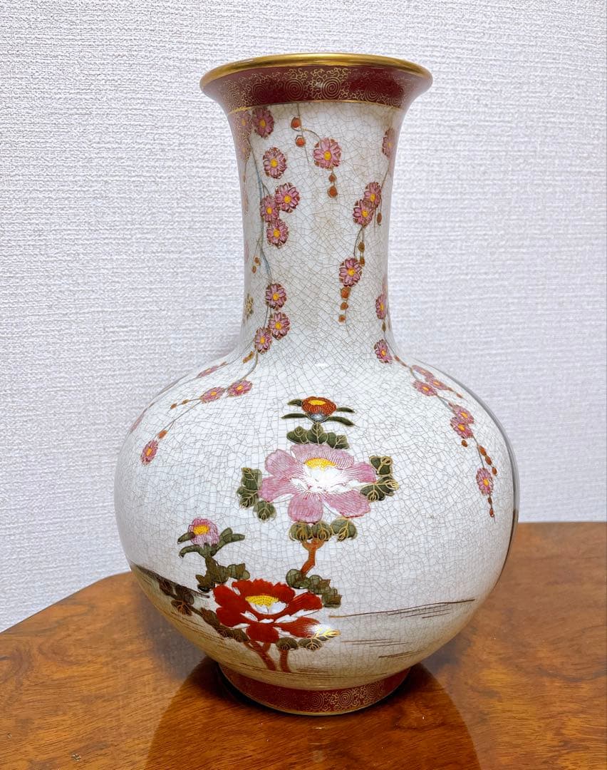 貴重 薩摩焼 色絵金彩花鳥細密絵付大花瓶 高さ39㎝ 勇仙 古美術品