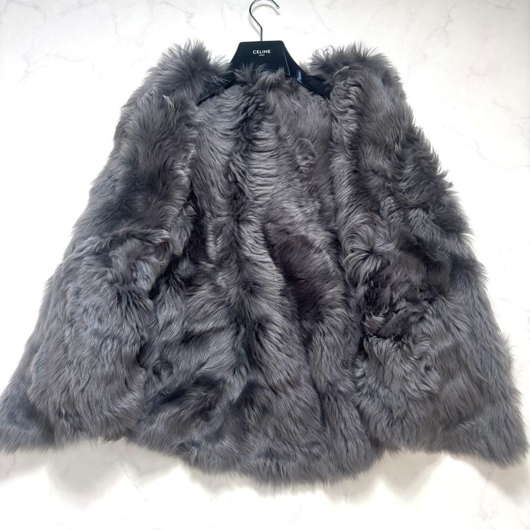 最高級✨羊革 リアルムートン ポンチョ ラムレザー リバーシブル フード グレー