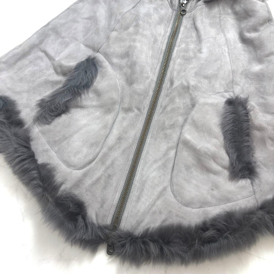 最高級✨羊革 リアルムートン ポンチョ ラムレザー リバーシブル フード グレー