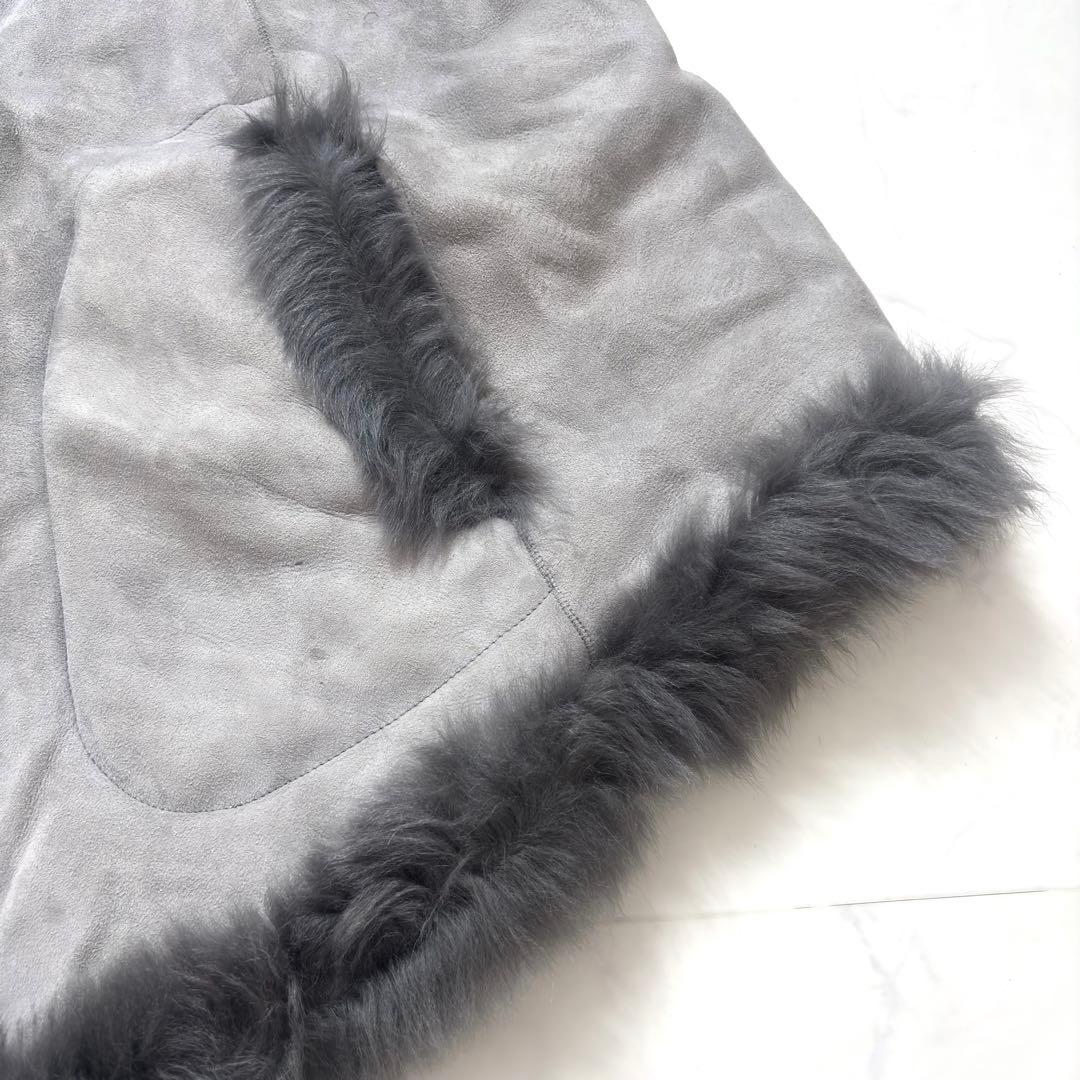最高級✨羊革 リアルムートン ポンチョ ラムレザー リバーシブル フード グレー